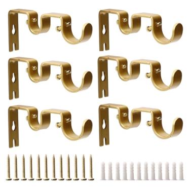Imagem de Shonmogar Suporte duplo de varão de cortina, pacote com 6 suportes de varão de cortina de metal para parede, suporte resistente para varão de cortina de 2,5 cm, ganchos dourados montados na parede