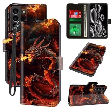Imagem de ACWDMKH Capa para Samsung Galaxy S23 FE com suporte para cartão e suporte e alça de pulso carteira flip fólio capa protetora magnética de couro à prova de choque para Galaxy S23 FE, dragão vermelho