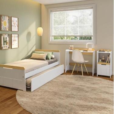 Imagem de Conjunto Quarto Completo Bicama com Led, Escrivaninha e Estante Petit 