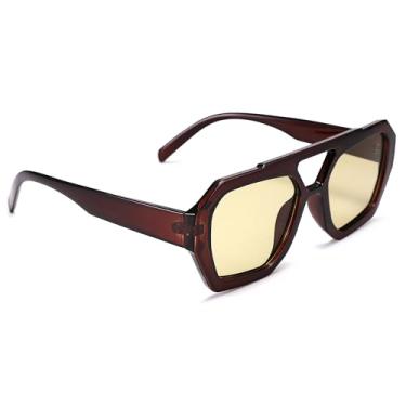 Imagem de Óculos de sol aviador quadrados para mulheres, armação grossa hexagonal com ponte dupla, óculos de sol inspirados em designer, marrom/amarelo claro, Medium