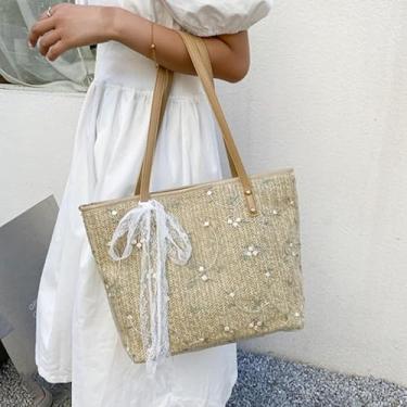 Imagem de Bolsa feminina de ombro de palha enfeitada com renda, bolsa elegante, espaçosa para telefone, carteira e itens essenciais (Cáqui)