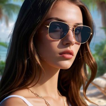 Imagem de Óculos de sol aviador, armação fina, design elegante e leve para mulheres, óculos piloto clássico com lente de policarbonato, Armação dourada preta