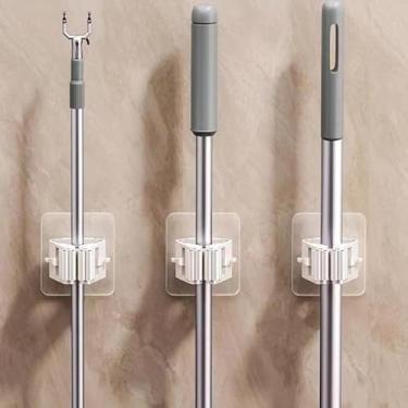 Imagem de 2 peças de suporte de esfregão sem perfuração de fácil instalação - Vassoura montada na parede e clipe de esfregão para organização de banheiro, ganchos utilitários que economizam espaço - branco