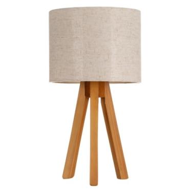 Imagem de Abajur de Madeira Rústico Tripé – Luminária de Mesa Decorativa com Cúpula em Tecido para Sala, Quarto e Escritório (Tripé Cerejeira/Linho claro)