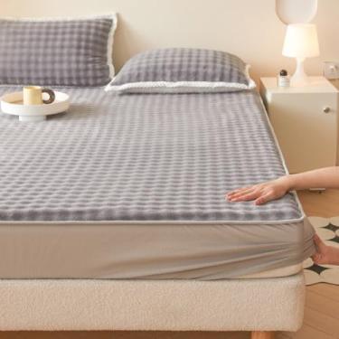 Imagem de Capa de colchão, lençol de veludo grosso, cores sólidas, protetor de colchão quente para todas as estações, capa de colchão elástico macio para outono, inverno, primavera, cinza, 200 x 220 cm (apenas