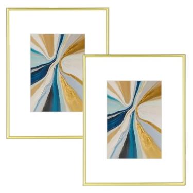 Imagem de Fkvat Conjunto de 2 porta-retratos 22 x 30,5 cm, moldura dourada de alumínio fino escovado com vidro HD, serve para 15 x 20 cm com tapete ou 23 x 30 sem tapete, para mesa e parede, pacote com 2
