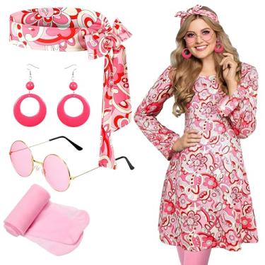 Imagem de Janmercy 5 peças de fantasias hippie dos anos 70, 80, acessórios para mulheres, roupa de discoteca dos anos 70 para festa de Halloween, cosplay (3GG, clássico)
