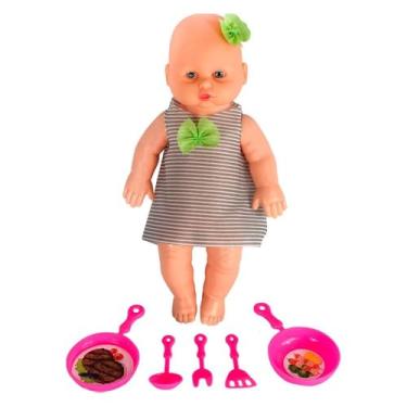 Imagem de Boneca com Acessórios de Cozinha, Vestido Listrado, 33cm de Altura, Kit Panelas e Espátulas Rosa, para Crianças +3 Anos