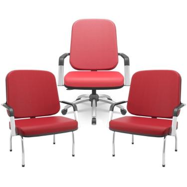 Imagem de Kit Cadeira De Escritório Giratória E 2 Cadeiras Fixas Cromada Magno P03 Vinil Vermelho - Lyam Decor