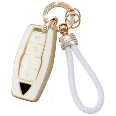 Imagem de TECART Capa de chaveiro com controle remoto de 4 botões com chaveiro compatível com Mitsubishi Outlander Smart Key Protection Cover Key Shell Holder branco