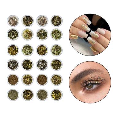 Imagem de Kit 24 Glitter Decoração Unha Gel Nail Art Maquiagem Dourado