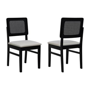 Imagem de Kit 2 Cadeiras Madeira Maciça Lyon Encosto Telinha - Preto Assento Estofado Corano Bege