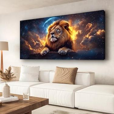 Imagem de Leão majestoso sob o céu estrelado pintura a óleo decorativa de parede pintura moderna moldura interna de madeira impressão de fotos em tela de alta resolução sala de estar quarto sala de jantar