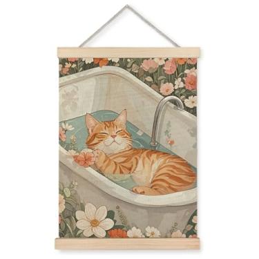 Imagem de YTRGI Pôster de decoração de parede de banheiro de gato japonês emoldurado, impressão de arte de parede em tela de gato na banheira para decoração de quarto feminino, 30 x 40 cm