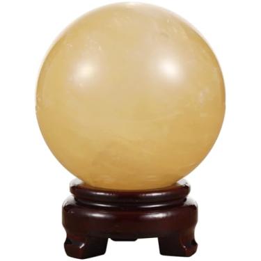 Imagem de Esfera de cristal de calcita amarela com base de madeira, bola decorativa de fluorita feita à mão de 9 cm/3,5 para decoração de casa ou escritório