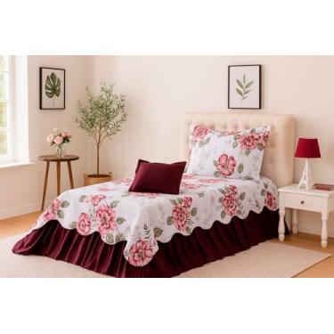 Imagem de Kit 3 Peças Belize Cobreleito Solteiro, Microfibra Matelassado com Babados, Inclui Porta Travesseiro e Capa de Almofada (Vinho)