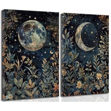 Imagem de 2 peças de arte de parede em tela celestial vintage sol e lua celestial eclipse botânico estético escuro academia imagens decoração de parede pôster arte impressa para sala de estar quarto decoração