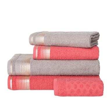 Imagem de Jogo Toalhas 5 Peças 2 Banho, 2 Rosto, 1 Piso Algodão - Rosa Toalhas(CEREJA + CINZA)