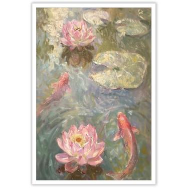 Imagem de Koi Pond Canvas Wall Art Japanese Botanical Gardens Poster Vintage Pink Lotus Fish Print Decoração de parede japonesa para casa quarto dormitório bar carrinho decoração de parede 30 x 40 cm sem