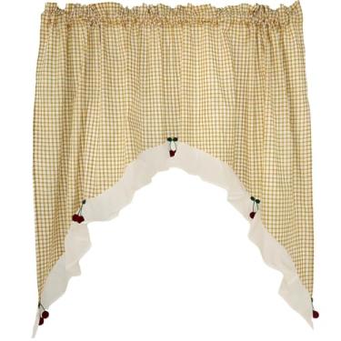 Imagem de Algodão poliéster, 129.5 cm x 89.9 cm (130 cm x 90 cm), saia de cortina estilo farmhouse, decoração rústica de casa, porta arqueada xadrez amarela, detalhes de bola de cereja, ideal para uso em