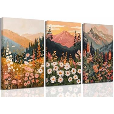 Imagem de 3 peças boho margarida montanha arte de parede abstrata flor silvestre pôr do sol quadros decoração de parede colorido floral paisagem botânica impressão arte para sala de estar quarto decoração de