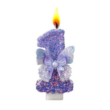 Imagem de Velas com números de aniversário, borboleta roxa, velas de aniversário para bolo, topo de bolo com número de glitter com lantejoulas para artigos de festa de casamento de aniversário (número 1)