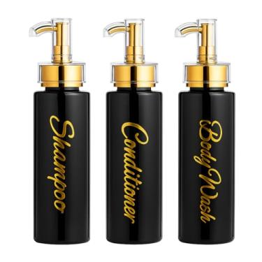 Imagem de uMadeUs Dispensador de xampu e condicionador – Garrafas essenciais de higiene – Chuveiro recarregável xampu e sabonete líquido – 3 recipientes de 227 g – Preto todo dourado 1 redondo