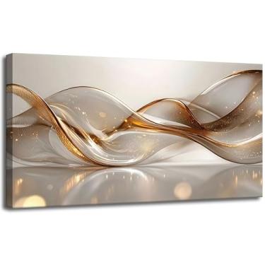 Imagem de Arte de parede moderna em tela grande para sala de estar dourada, linhas abstratas, pintura, quadros transparentes, onda, neutro, pôsteres impressos, para banheiro, quarto, escritório, corredor