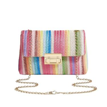 Imagem de Ruvafeny Bolsas de ombro de palha para mulheres, bolsa de praia de verão, bolsa de ombro de tecido de palha, bolsas femininas transversais para férias, Arco-íris, 8.3 x 1.6 x 5.5 inches
