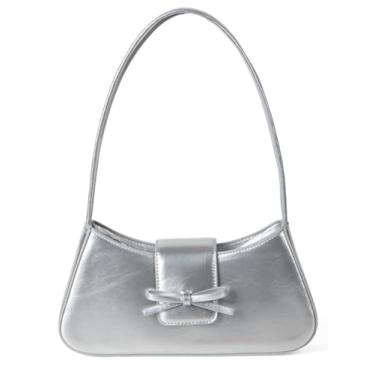 Imagem de Bolsa feminina com laço Y2K moderna linda bolsa de ombro de couro envernizado vegano de verão pequena bolsa de mão Hobo vermelha, Prata.