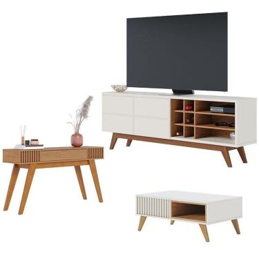 Imagem de Rack Bancada Noronha 1.8 Com Mesa De Centro Jeri Off White Matte Freijó E Aparador Riviera Freijó - Colibri