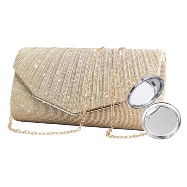 Imagem de STWPYL Bolsa clutch noturna feminina com alça de corrente intercambiável e espelho – Bolsa de casamento, formatura e festa, Dourado