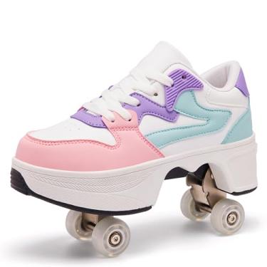 Imagem de ANEFUN Tênis de patins pop-up de 4 rodas para mulheres, homens, meninas, meninos, moda, ambientes externos, ambientes internos, quad-patins para crianças e adultos, Branco-rosa, 5