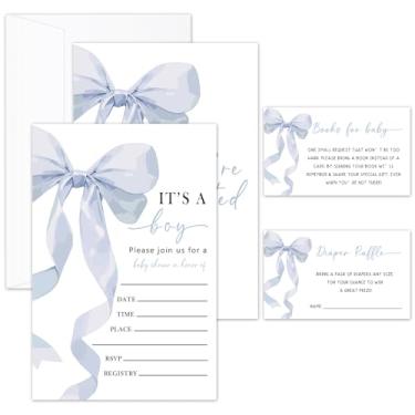 Imagem de Conjunto de convites para chá de bebê, convites de chá de bebê Blue Bow para meninas, 25 convites com envelopes, cartões de solicitação de livro e ingressos de sorteio de fraldas, lembrancinha de