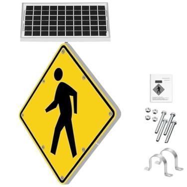 Imagem de Sinal solar de 61 cm para pedestres piscante LED com destaque, placa de aviso de rua piscante de tráfego rodoviário de alumínio, película reflexiva de grau de engenheiro, IP65 à prova d'água