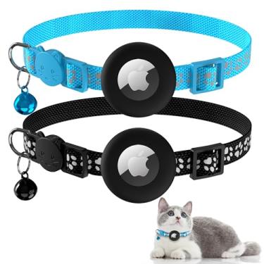 Imagem de Vanjua Pacote com 2 coleiras Airtag para gatos com sino, coleira reflexiva para gatinhos com etiqueta de ar, estojo para gatos e meninas, meninos, acessórios para animais de estimação (preto B + azul