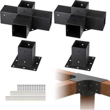 Imagem de KKSFBNKSK Kit de suporte de pérgula 10 x 10 cm, 4 peças (2 peças de 4 vias, 2 bases) Suporte de canto resistente para trabalhos em madeira Kit de base de poste DIY, fácil instalação