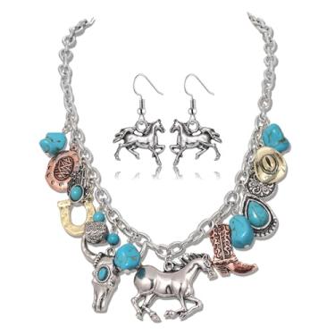 Imagem de ZITULRY Conjunto de brincos de colar de cowboy ocidental vintage turquesa chapéu de bota de cavalo cabeça de touro cacto pingente de ferradura colar brincos de cavalo brincos boho país feriado festa