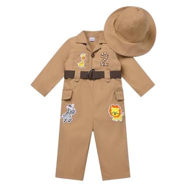 Imagem de FYMNSI Macacão e chapéu com cinto de manga comprida para meninos safári da selva de 2 anos com cinto de manga comprida explorador de animais selvagens roupas de verão outono roupas de esmagamento de