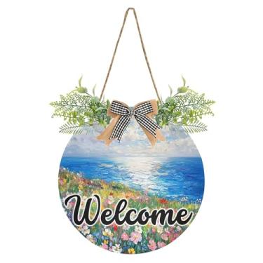 Imagem de SEHANY Placa de boas-vindas de flores e mar, decoração de porta da frente, guirlanda de boas-vindas redonda para decoração de casa de fazenda, varanda e pátio, 30 x 30 cm
