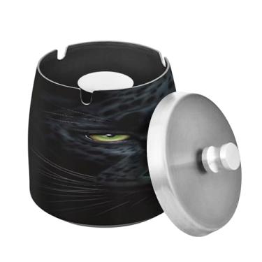 Imagem de Blueangle Cinzeiro Pantera Negra Negra com tampa para cigarros, à prova de vento/chuva, aço inoxidável, sem fumaça, inodoro, cinzeiro para uso interno ou externo (562)