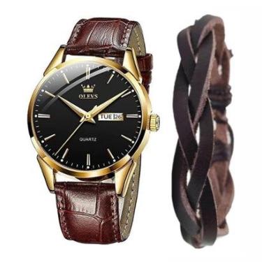 Imagem de Kit Relógio Masculino Social Olevs Gold + Bracelete Couro-Masculino