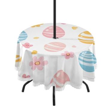 Imagem de Blueangle Toalha de mesa redonda impermeável com ovos coloridos de Páscoa de 152 cm com orifício para guarda-chuva - Tecido resistente à prova de sol para todos os climas para pátio, acampamento