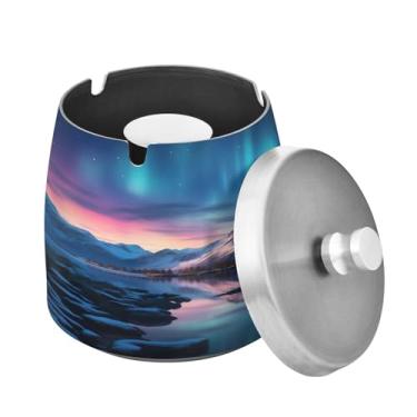 Imagem de Blueangle Cinzeiro de inverno Aurora Boreal com tampa para cigarros, à prova de vento/chuva, aço inoxidável, sem fumaça, inodoro, cinzeiro para uso interno ou externo (242)