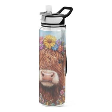 Imagem de ATTX Garrafa de água Flowers Highland Cow, 947 ml, à prova de vazamento e livre de BPA, garrafas de água reutilizáveis de plástico Tritan para viagens, academia, corrida, fitness #162