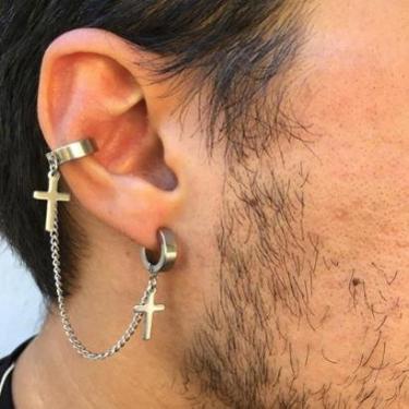 Imagem de Brinco Masculino Feminino Pressão Corrente Cruz Cartilagem Aço Inox Antialérgico 1 UND-Unissex