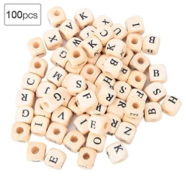 Imagem de Contas de letras de madeira, faça você mesmo, alfabeto quadrado em inglês, suprimentos para fabricação de joias, 100 peças, cor natural 10x10mm para colares, pulseiras, artesanato