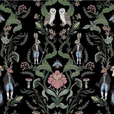 Imagem de MuralPeel Papel de parede vintage preto escuro damasco rosa folha de flor animal coelhos coruja veado papel de parede autoadesivo removível fácil de retirar papel de parede para armário de quarto