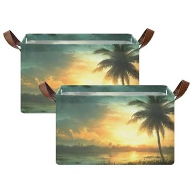 Imagem de WELLDAY Cesta de armazenamento grande para paisagem ao anoitecer, caixas organizadoras dobráveis com alças para prateleiras, escritório em casa, 2 peças