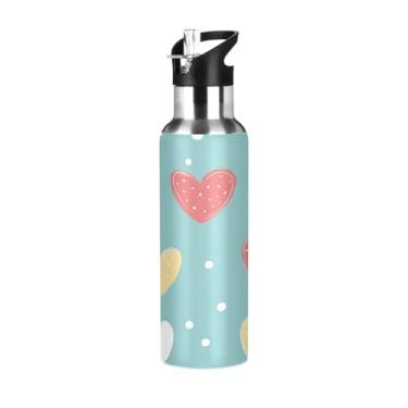 Imagem de Wassud Garrafa de água fofa corações garrafa de água esportiva de aço inoxidável com canudo garrafas de água isoladas copo portátil de viagem 623 g